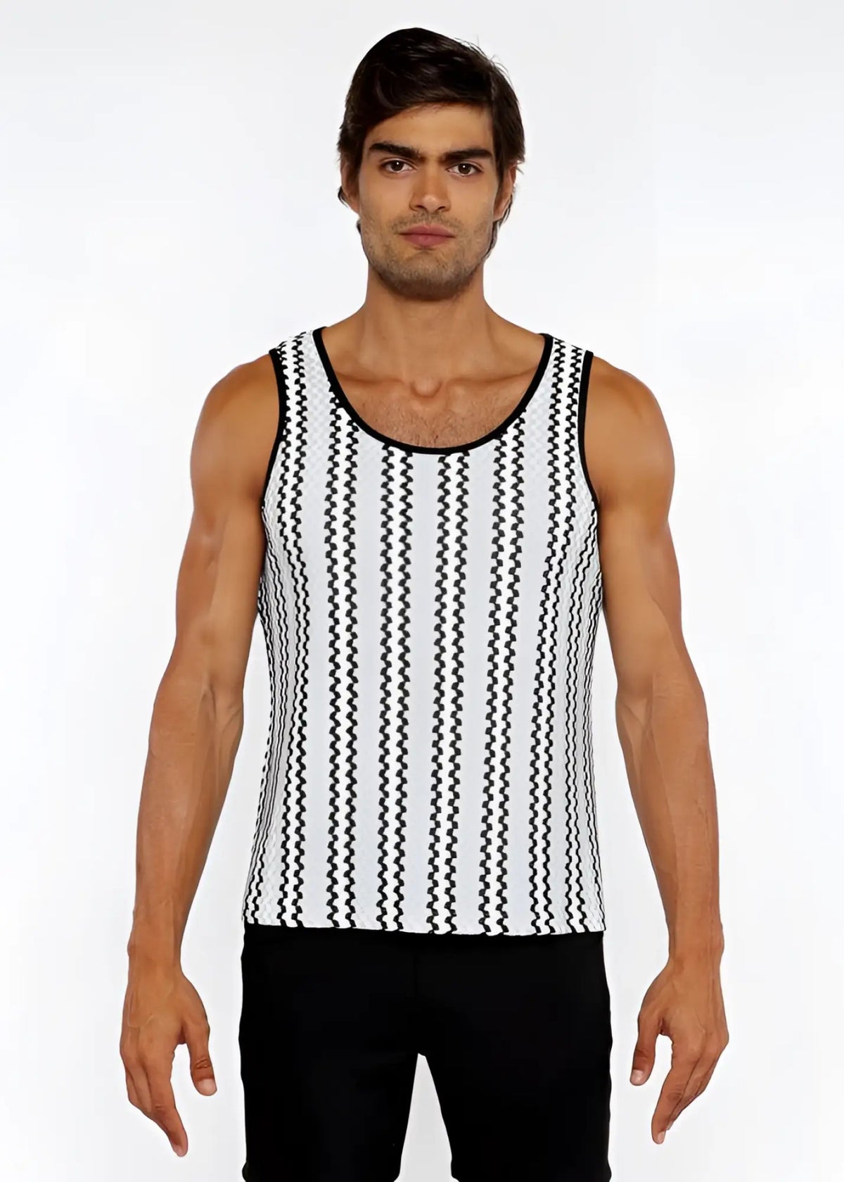 Black and white zigzag stripes open knit tank top with rounded neckline and breathable knit material