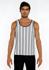 Black and white zigzag stripes open knit tank top with rounded neckline and breathable knit material