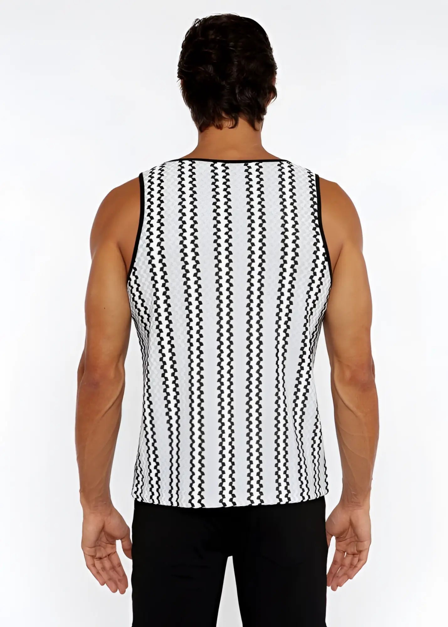 Black and white vertically striped knit tank top with zigzag textured wavy pattern in lightweight open knit fabric