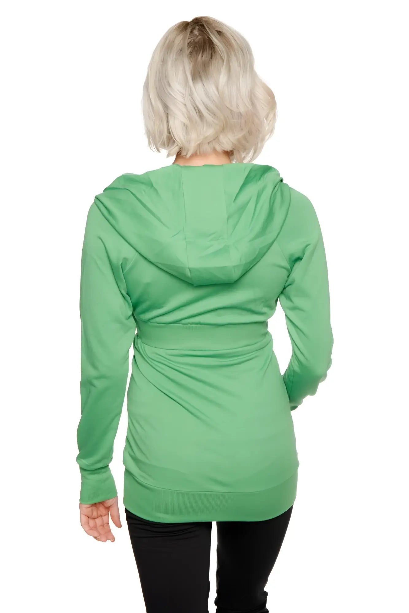 Zip-up long body travel hoodie in bamboo green shown from back with soft vibrant green fabric and subtle ruching