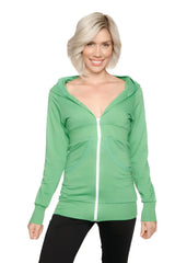 A vibrant green zip-up long body travel hoodie with a white zipper and matching hood made from soft fabric