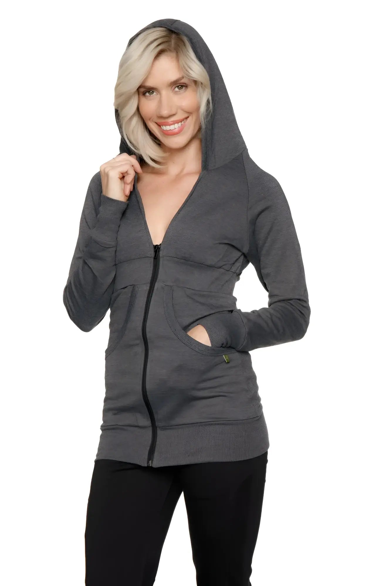 Dark gray zip-up long body travel hoodie jacket with hood front zipper and two side pockets for versatile wear