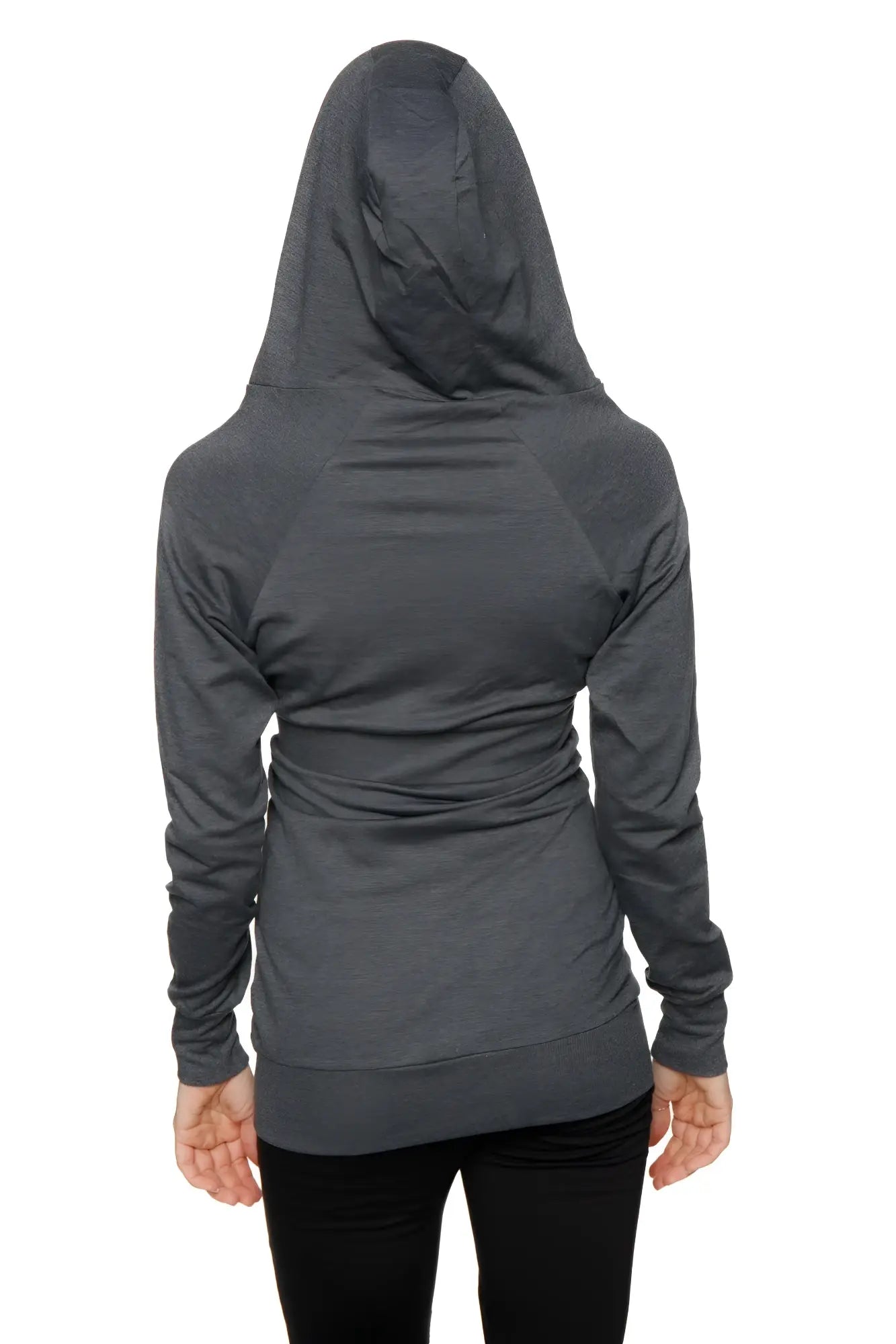 Dark gray zip-up long body travel hoodie jacket with textured fabric and relaxed fit shown from the back side