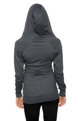 Dark gray zip-up long body travel hoodie jacket with textured fabric and relaxed fit shown from the back side