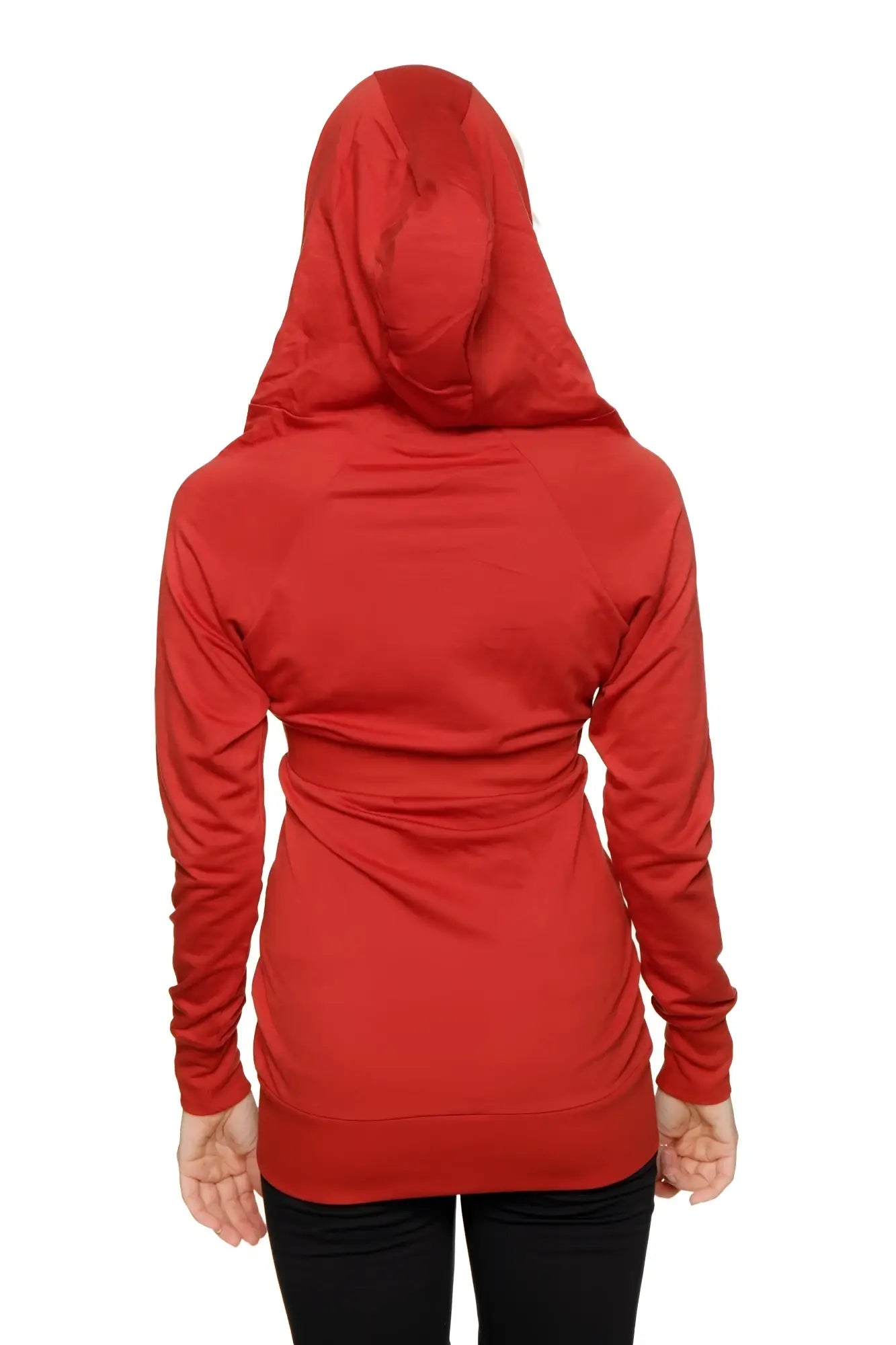 Red hooded zip-up long body travel hoodie jacket in cinnabar red with fitted silhouette and ribbed cuffs