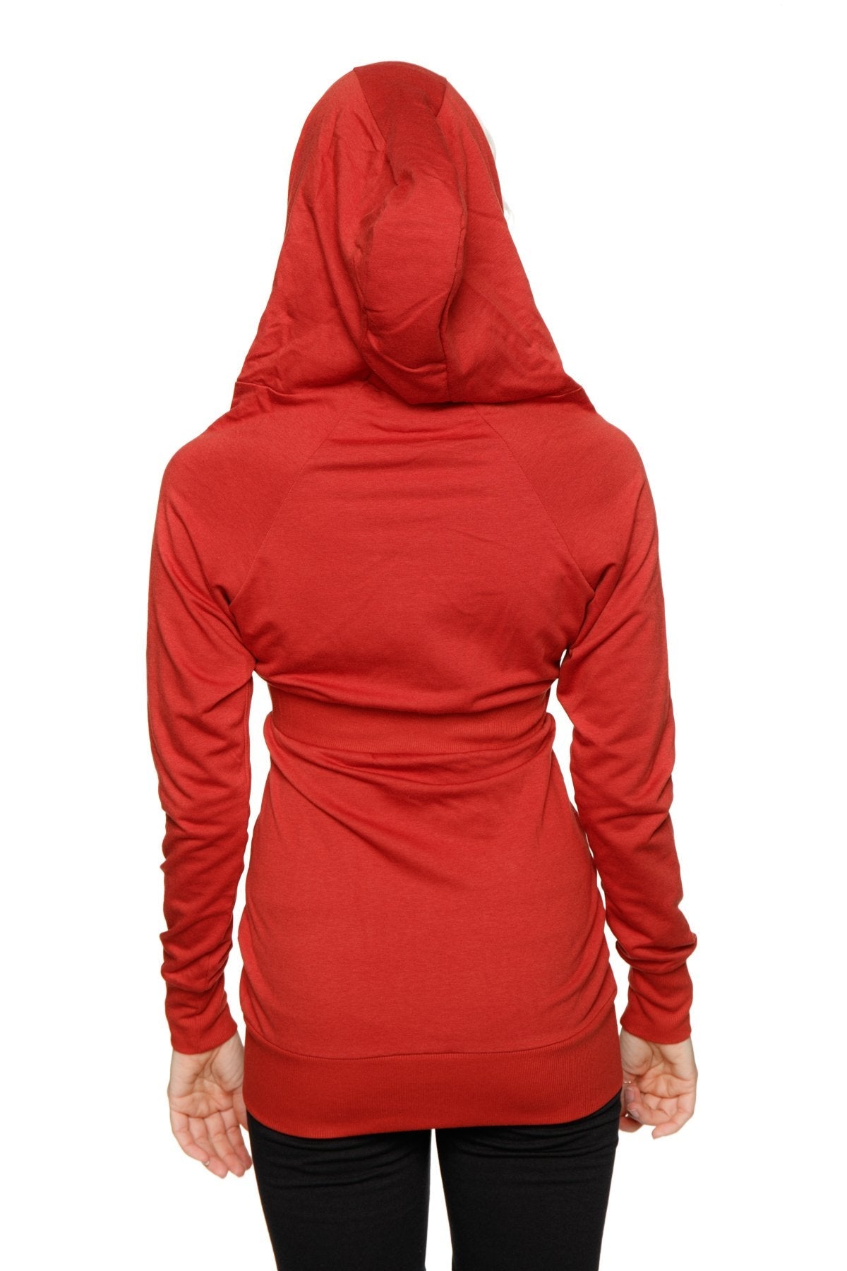 Red hooded zip-up long body travel hoodie jacket in cinnabar red with fitted silhouette and ribbed cuffs