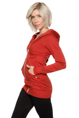 A vibrant cinnabar red zip-up long body travel hoodie jacket with long sleeves front zipper and side pockets
