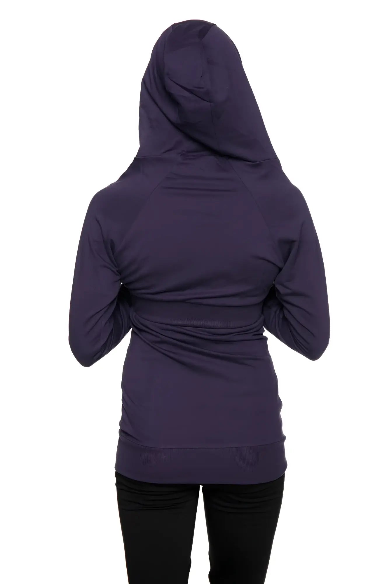 A dark purple zip-up long body travel hoodie jacket with long sleeves, hood, and gathered waistband in eggplant purple