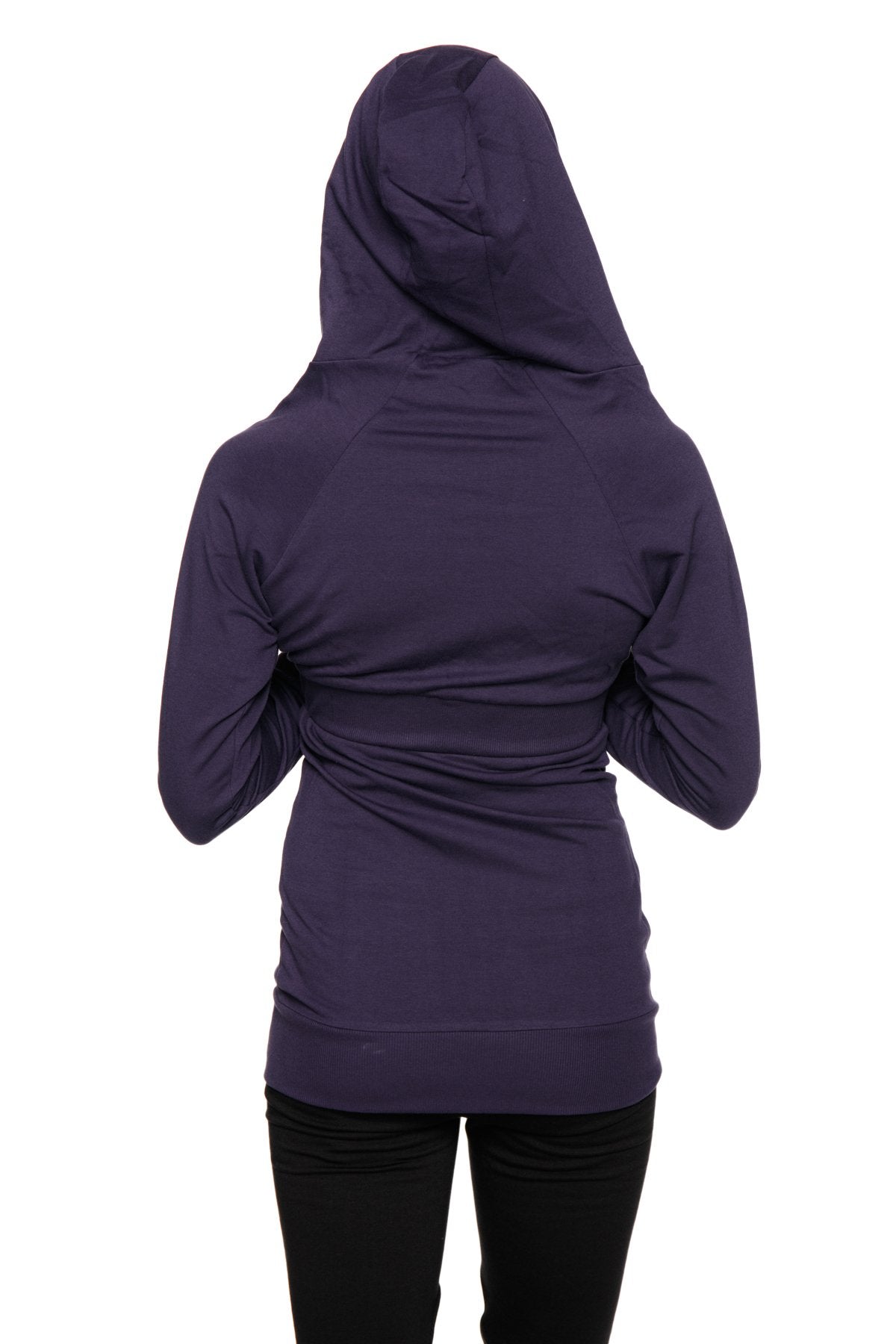 A dark purple zip-up long body travel hoodie jacket with long sleeves, hood, and gathered waistband in eggplant purple