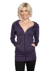 Purple zip-up long body travel hoodie jacket with deep v-neckline and front pockets in eggplant purple