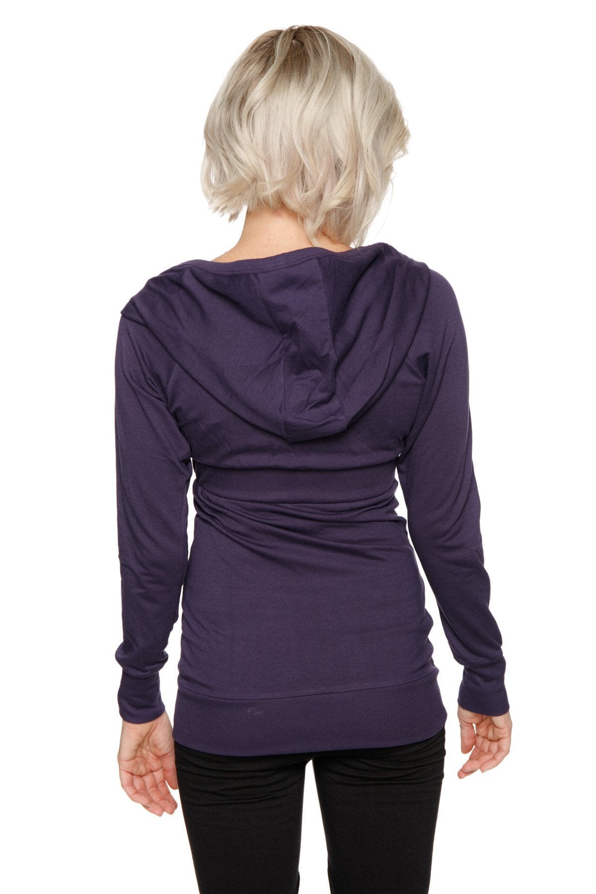 Back view of eggplant purple zip-up long body travel hoodie jacket with gathered back design and long sleeves