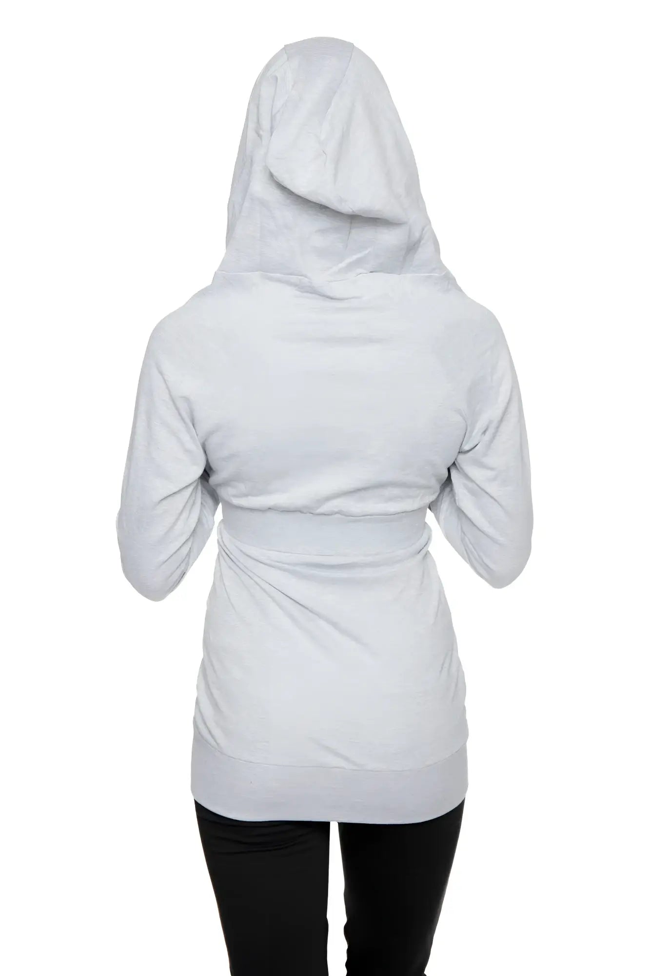 A heather grey zip-up long body travel hoodie jacket with a cinched waistband and long sleeves