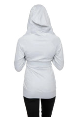 A heather grey zip-up long body travel hoodie jacket with a cinched waistband and long sleeves
