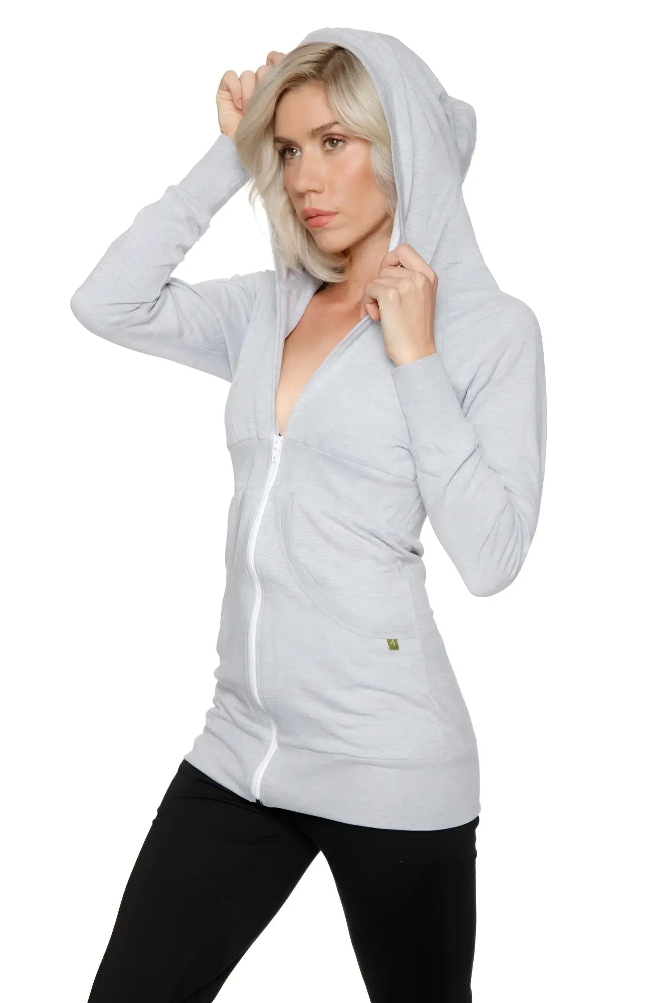 Light gray zip-up long body travel hoodie jacket with soft stretchy fabric and subtle texture in heather grey