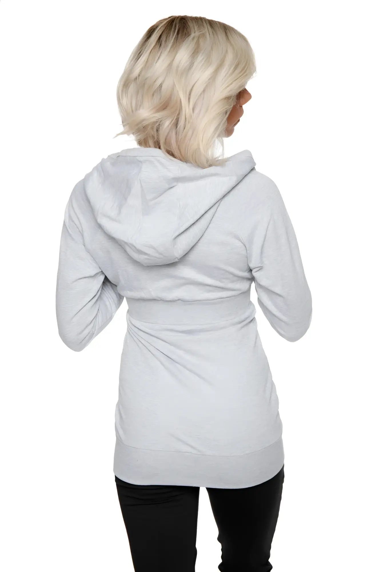 A heather grey zip-up long body travel hoodie jacket with a relaxed fit and subtle ruching at the waist