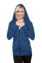 Royal blue zip-up long body travel hoodie jacket with soft stretchy fabric and subtle black zipper trim