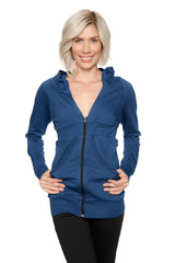 Blue zip-up long body travel hoodie jacket with hood long sleeves and front pockets made for comfort and style