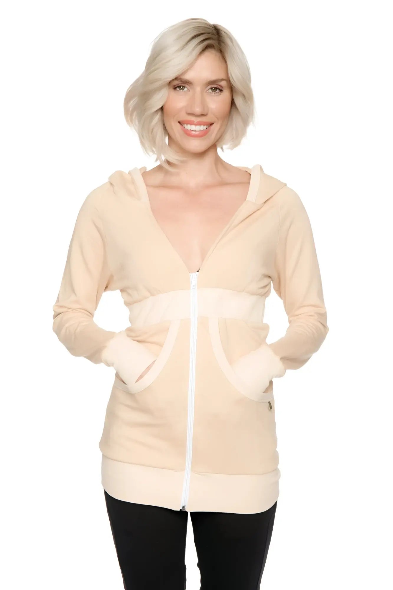 Beige zip-up long body travel hoodie jacket with white zipper and matching ribbed cuffs waistband and hem