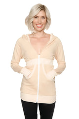 Beige zip-up long body travel hoodie jacket with white zipper and matching ribbed cuffs waistband and hem