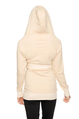 Cream-colored zip-up long body travel hoodie jacket with ribbed waistband and cuffs in sand beige