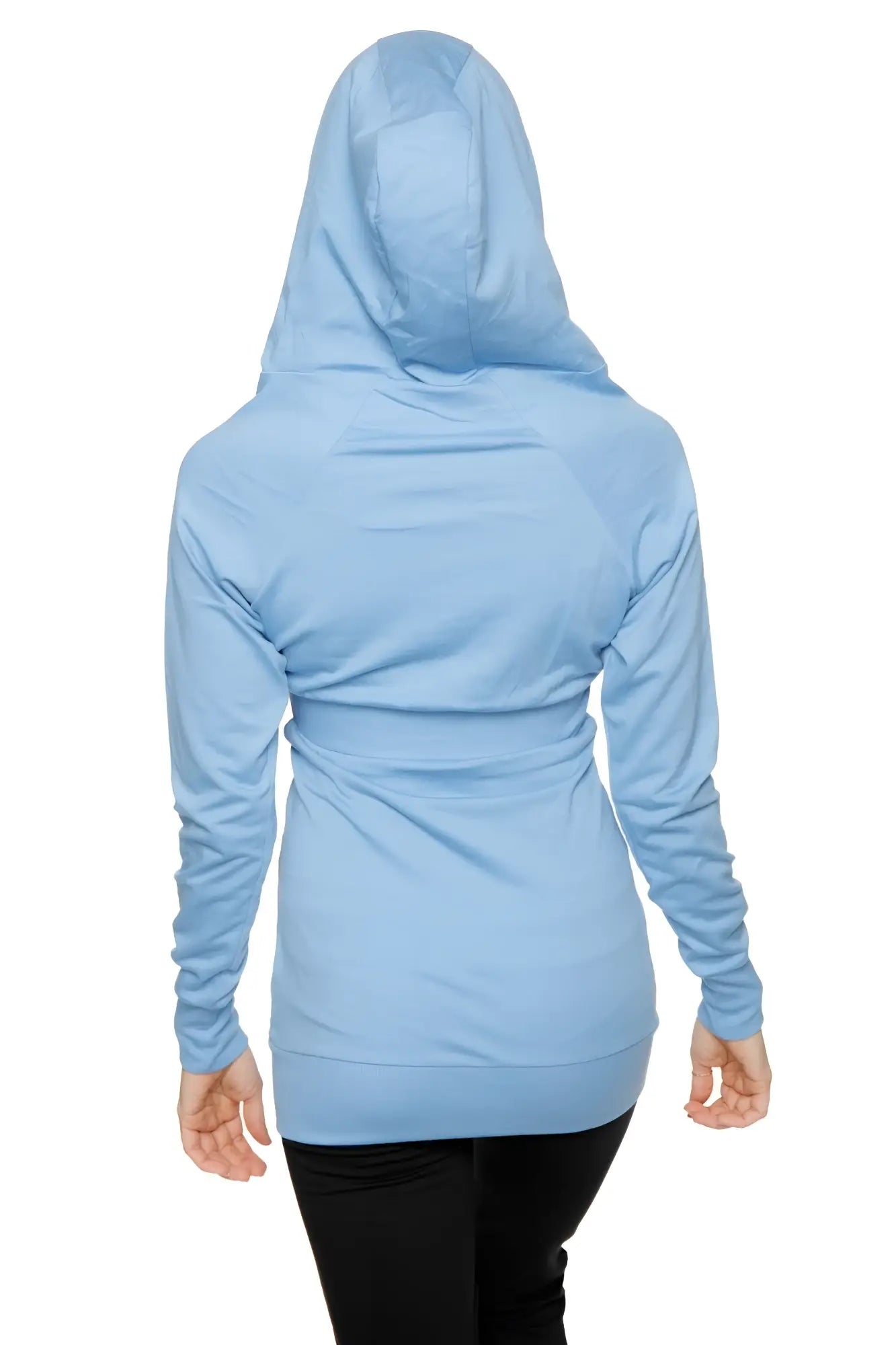 Light blue zip-up long body travel hoodie jacket with relaxed fit hood and ribbed cuffs for comfortable wear