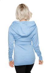 Light blue zip-up long body travel hoodie jacket with relaxed fit, long sleeves, and hood for comfortable wear