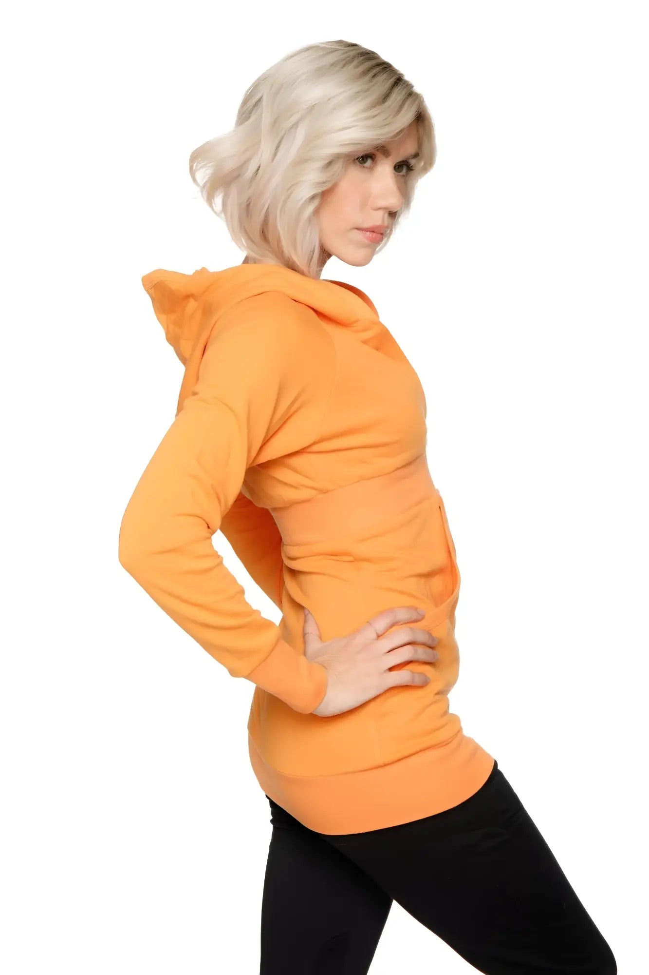 Orange zip-up long body travel hoodie jacket with hood long sleeves and front pocket in sun orange color