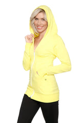 Bright yellow zip-up long body travel hoodie jacket with long sleeves and hood made for travel use