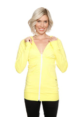 Bright yellow zip-up long body travel hoodie jacket with long sleeves and v-neckline in tropic yellow