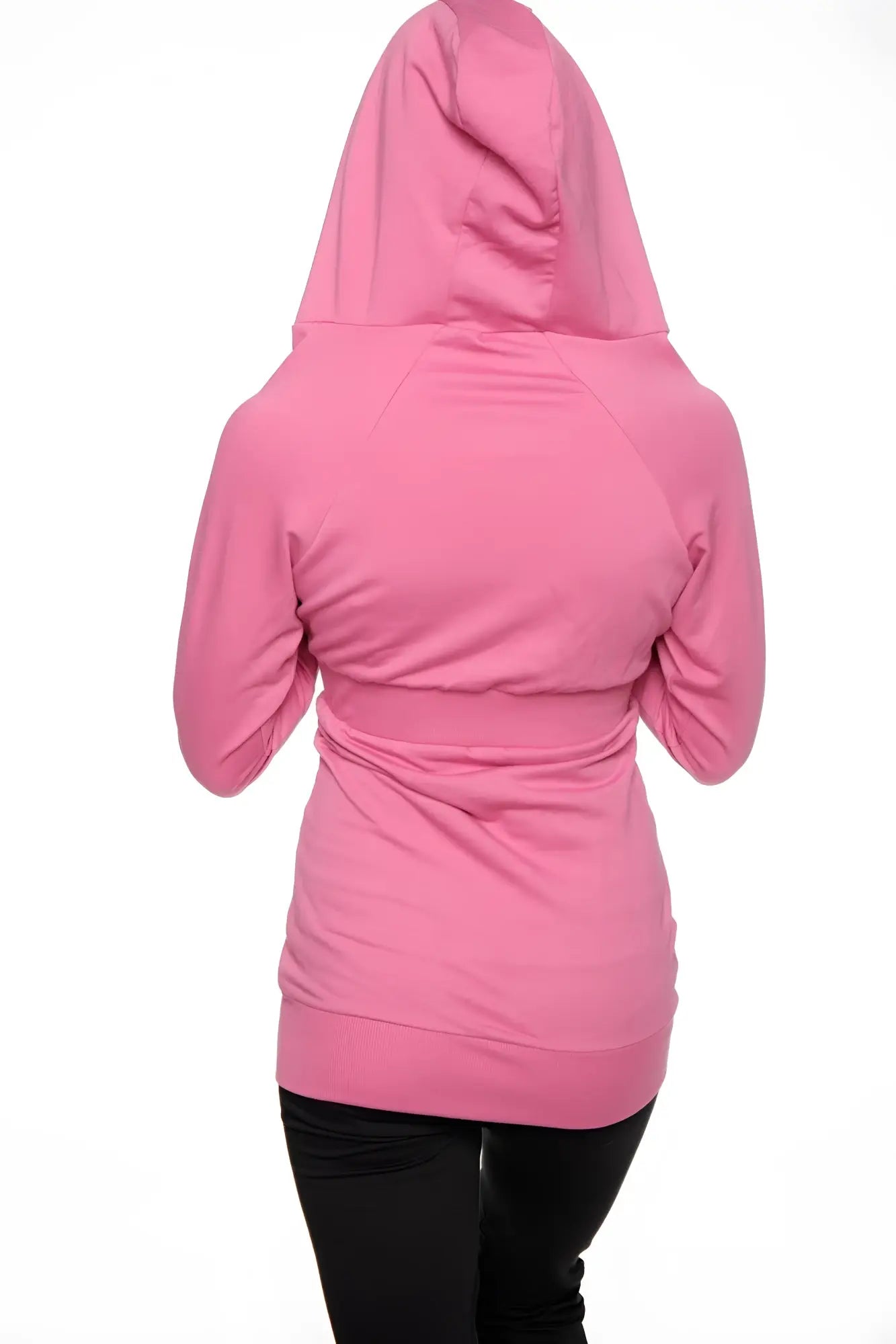 Pink zip-up long body travel-ready hoodie with hood, cinched waistband, and long sleeves in berry pink