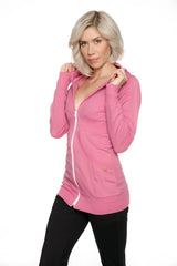 Berry pink zip-up long body travel-ready hoodie with white zipper and subtle gold-tone branding on the pocket