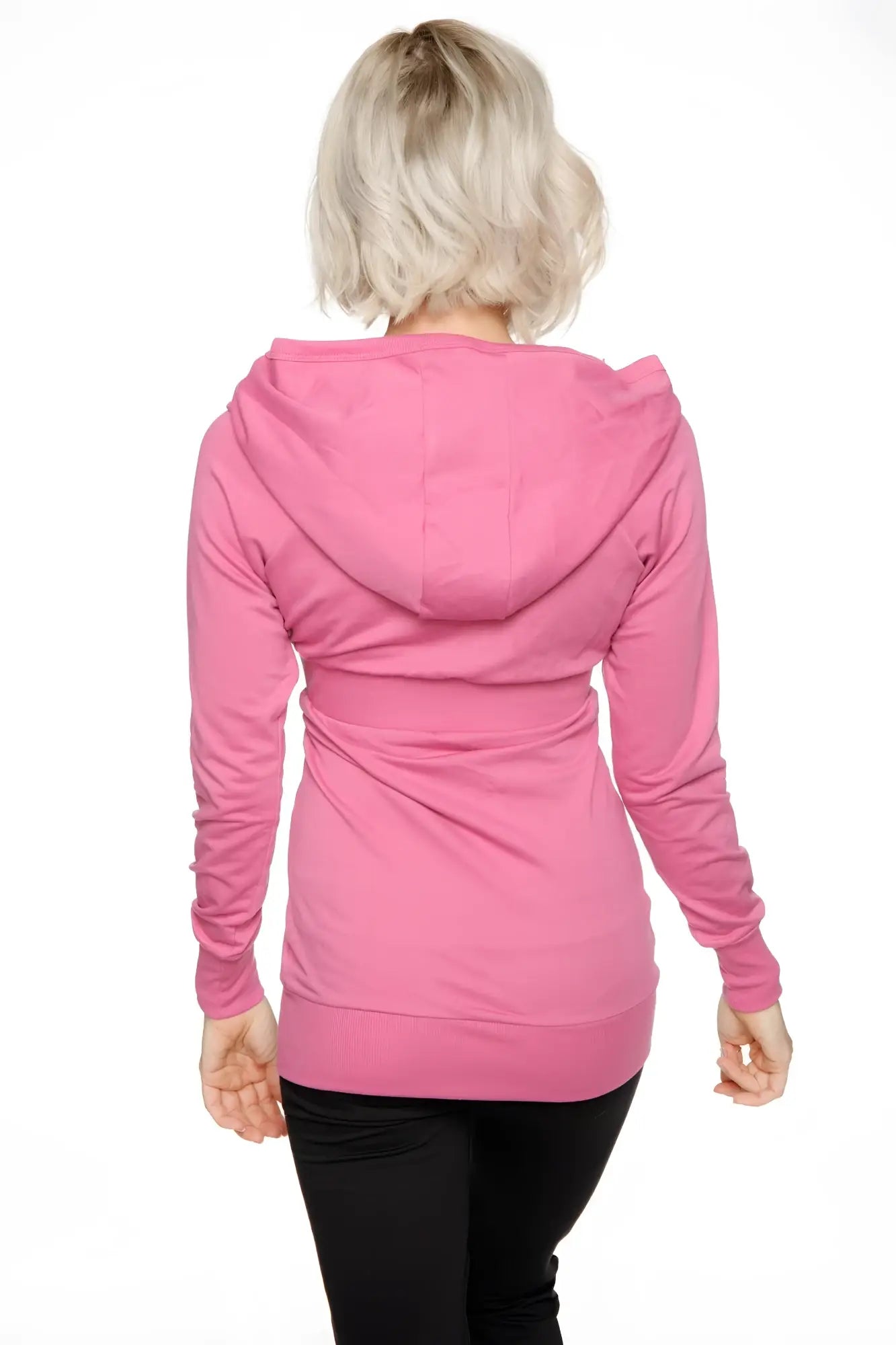 A soft pink berry pink zip-up long body travel-ready hoodie with a relaxed fit ribbed cuffs and long sleeves