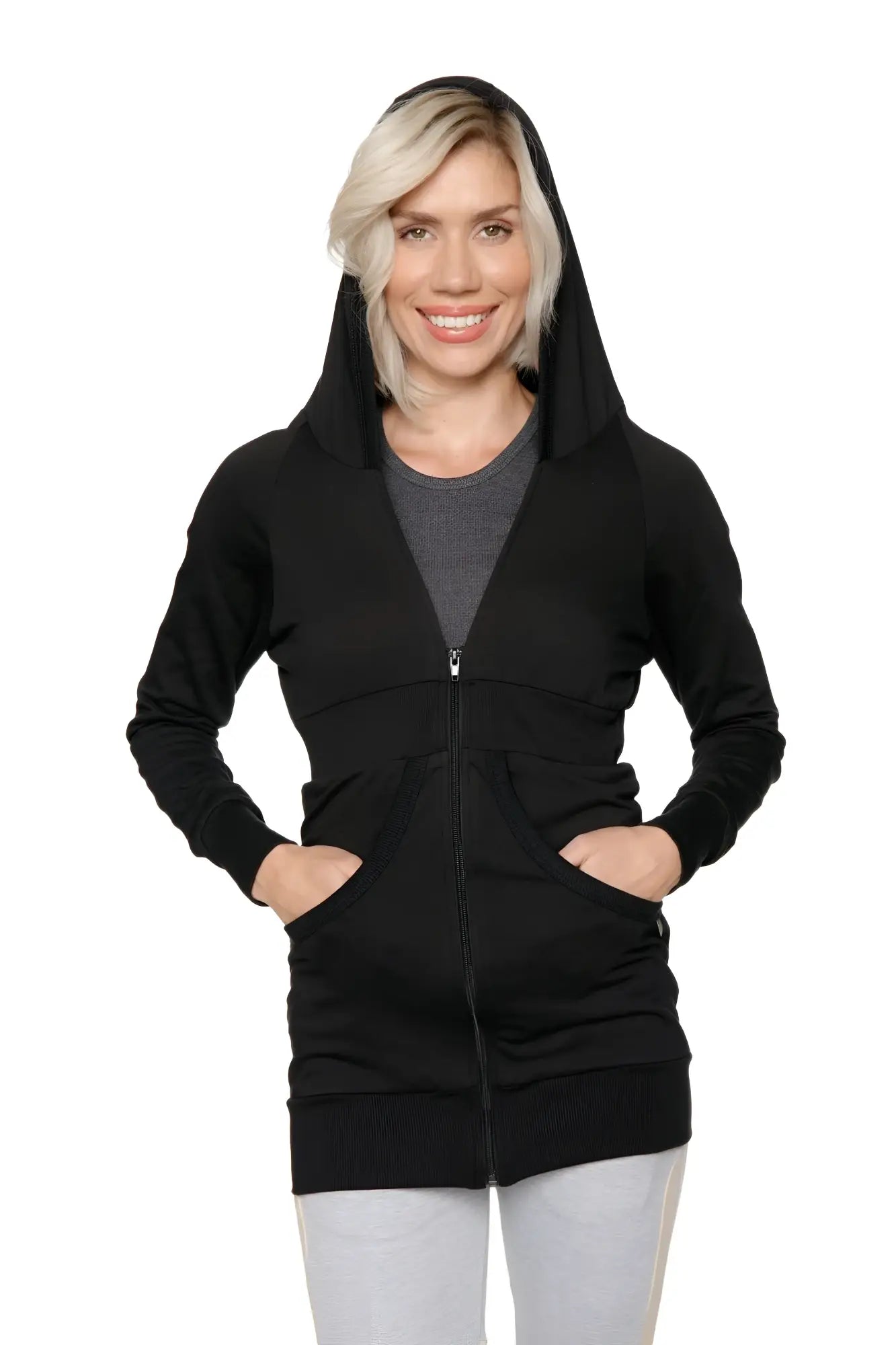 Black zip-up long body travel-ready hoodie with hood long sleeves and two front pockets in black material