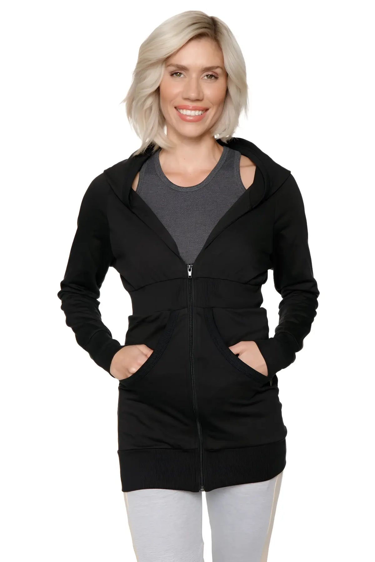 Black zip-up long body travel-ready hoodie with sleek modern design and contrasting gray inner lining front view