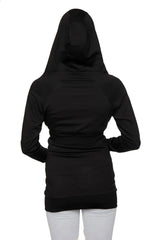 Black zip-up long body travel-ready hoodie with fitted silhouette ribbed cuffs and long sleeves