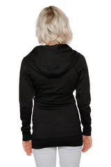Black zip-up long body travel-ready hoodie with relaxed fit and ribbed cuffs in soft fabric for comfort